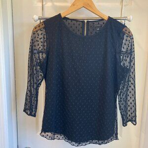 Ann Taylor | Black Mesh Polka Dot ¾ Sleeve Top w/ Back Gold Zip| Size S